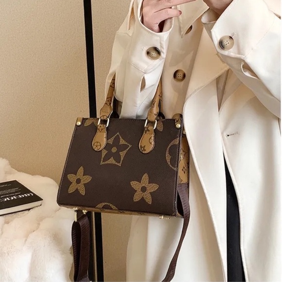 Handbags - Designer Brown Floral Pattern Crossbody and Handbag